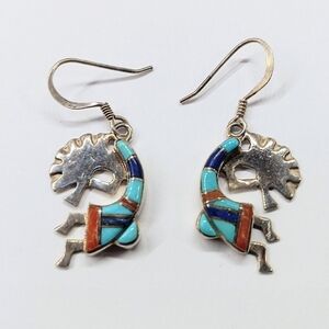 Vintage Zuni Kokapelli Turquoise Coral Onyx Dangle Earrings